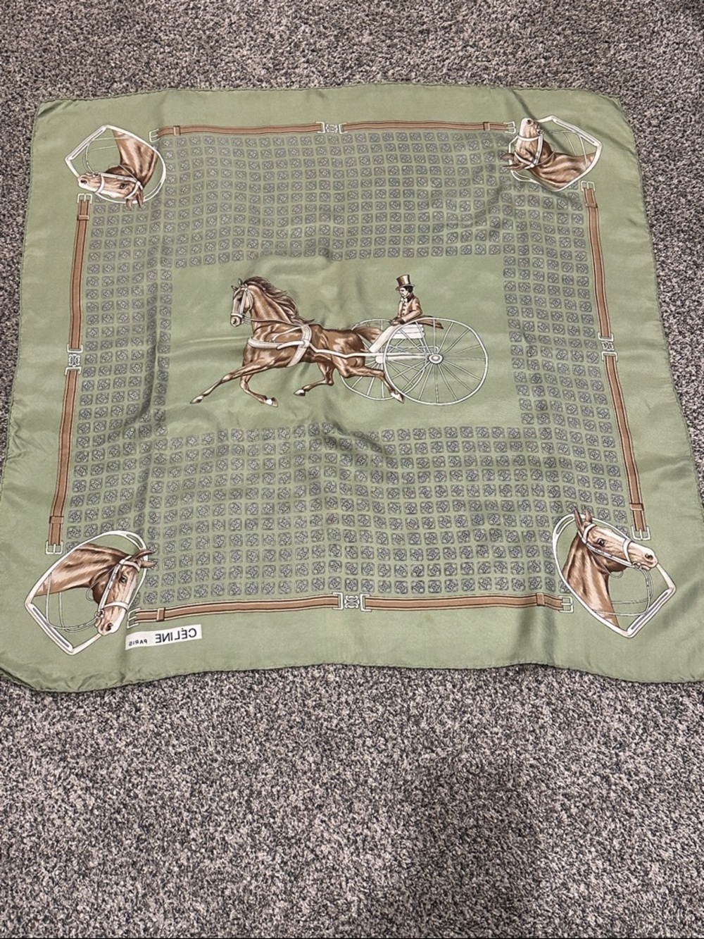 Celine Green and Brown Equestrian Silk Scarf with Horse and Carriage Motif